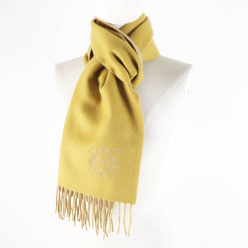 LOEWE Wool Cashmere Anagram Embroidery Fringed Scarf Mustard Beige Made In