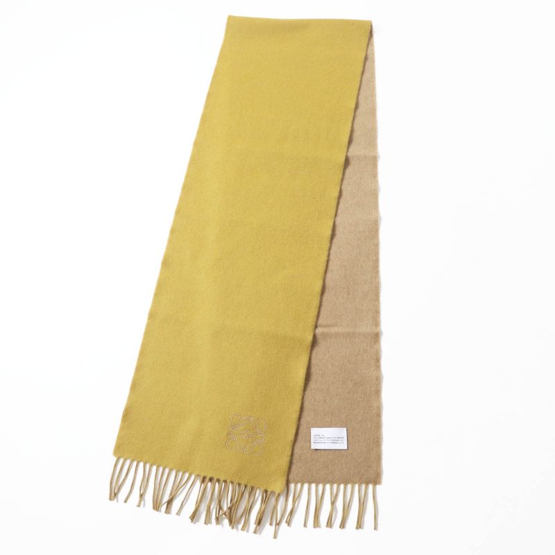 LOEWE Wool Cashmere Anagram Embroidery Fringed Scarf Mustard Beige Made In
