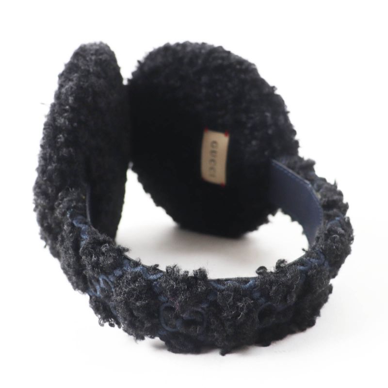 Gucci 645495 517074 Curly Eco Fur GG Embroidered Earmuffs Black Navy Made In