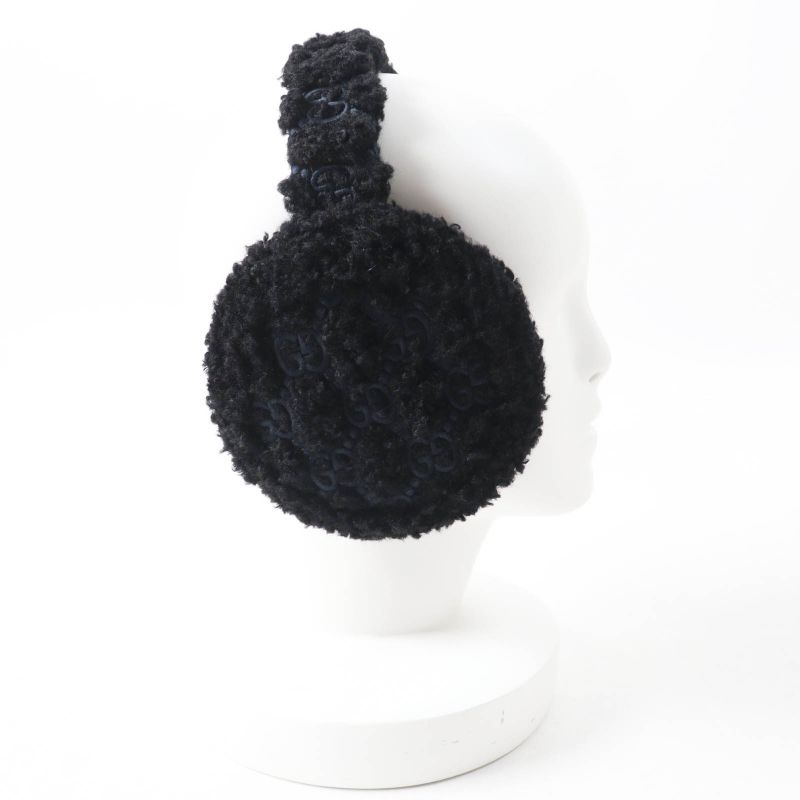 Gucci 645495 517074 Curly Eco Fur GG Embroidered Earmuffs Black Navy Made In