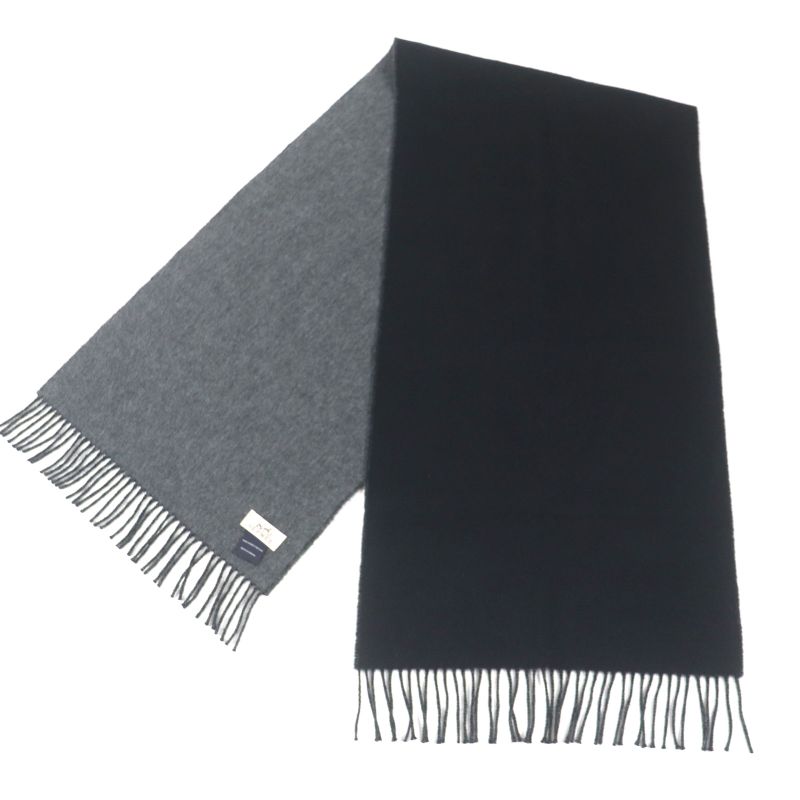 Hermes 100% Cashmere Logo Embroidery Fringed Reversible Scarf Black Gray Made