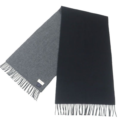 Hermes 100% Cashmere Logo Embroidery Fringed Reversible Scarf Black Gray Made