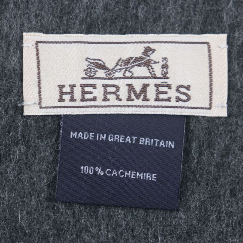 Hermes 100% Cashmere Logo Embroidery Fringed Reversible Scarf Black Gray Made