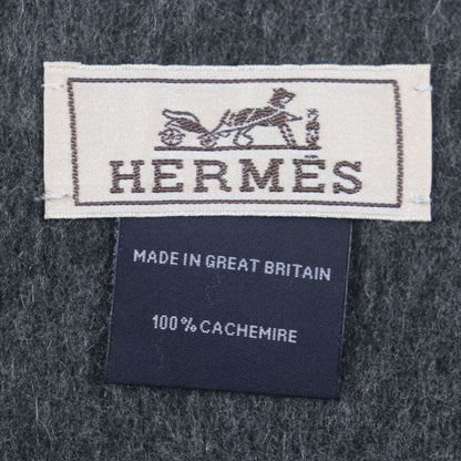 Hermes 100% Cashmere Logo Embroidery Fringed Reversible Scarf Black Gray Made