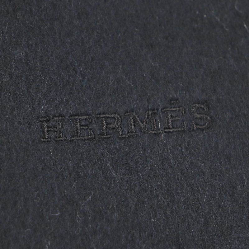 Hermes 100% Cashmere Logo Embroidery Fringed Reversible Scarf Black Gray Made