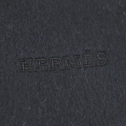 Hermes 100% Cashmere Logo Embroidery Fringed Reversible Scarf Black Gray Made