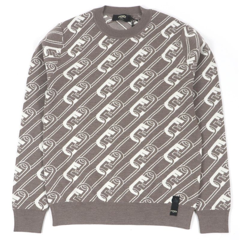 Fendi 2022 Fzx061 100% Wool FF Logo Chain Total Pattern Crew Neck Knit Sweater
