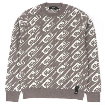 Fendi 2022 Fzx061 100% Wool FF Logo Chain Total Pattern Crew Neck Knit Sweater
