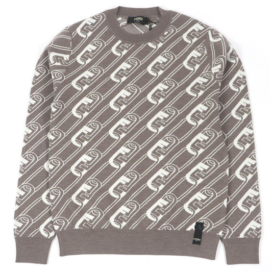 Fendi 2022 Fzx061 100% Wool FF Logo Chain Total Pattern Crew Neck Knit Sweater