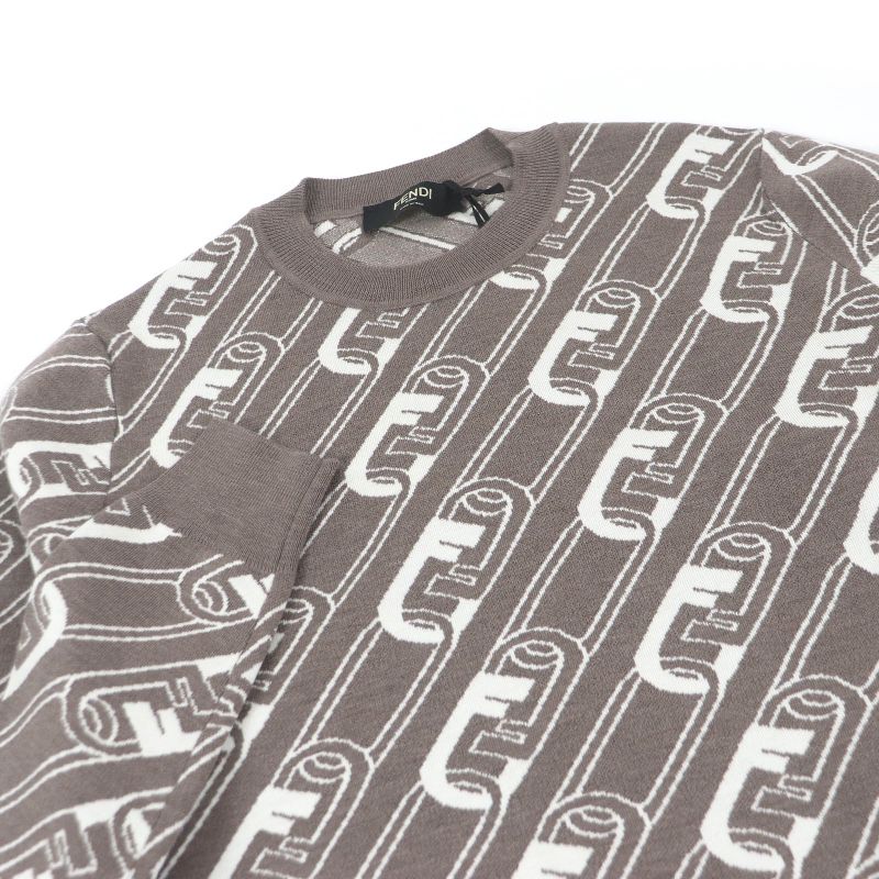 Fendi 2022 Fzx061 100% Wool FF Logo Chain Total Pattern Crew Neck Knit Sweater