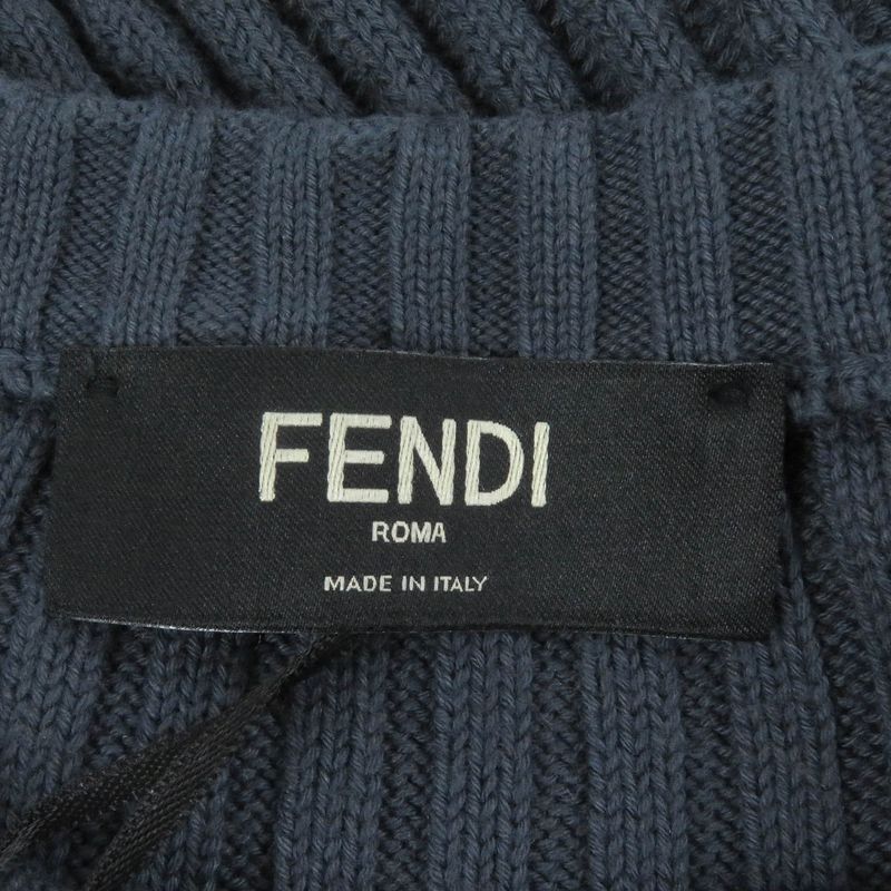 Fendi 2021 Fzx036 Cotton Cashmere FF Logo Pocket Ribbed Knit Sweater Blue Gray