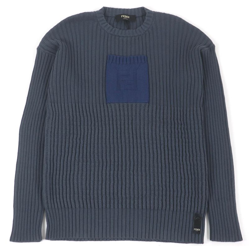 Fendi 2021 Fzx036 Cotton Cashmere FF Logo Pocket Ribbed Knit Sweater Blue Gray