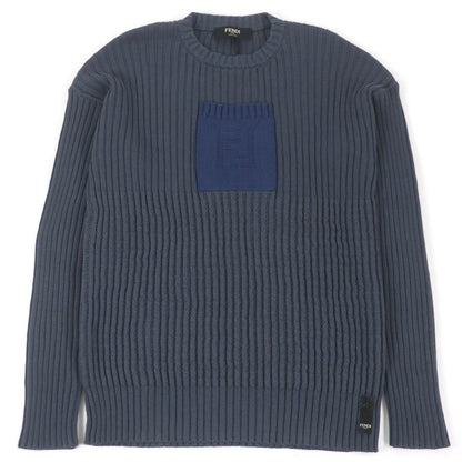 Fendi 2021 Fzx036 Cotton Cashmere FF Logo Pocket Ribbed Knit Sweater Blue Gray