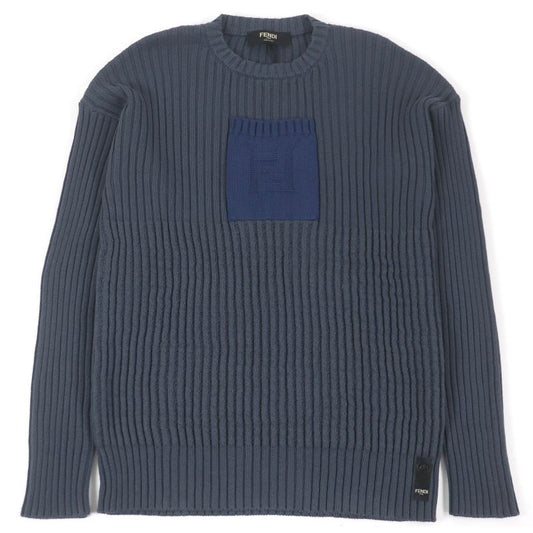 Fendi 2021 Fzx036 Cotton Cashmere FF Logo Pocket Ribbed Knit Sweater Blue Gray