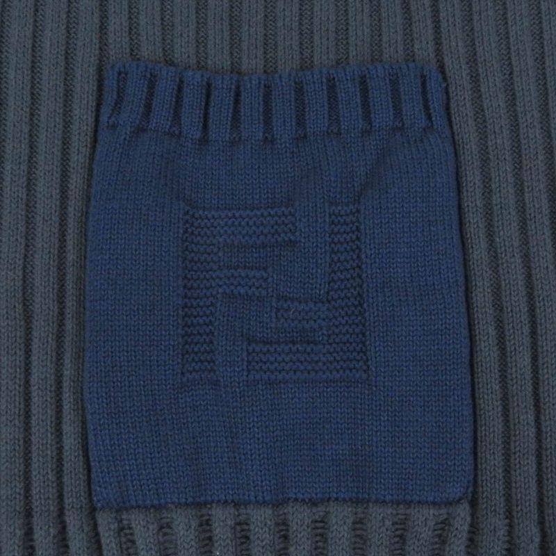 Fendi 2021 Fzx036 Cotton Cashmere FF Logo Pocket Ribbed Knit Sweater Blue Gray