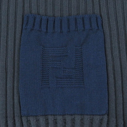 Fendi 2021 Fzx036 Cotton Cashmere FF Logo Pocket Ribbed Knit Sweater Blue Gray