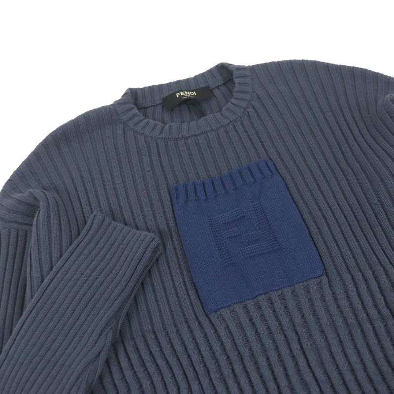Fendi 2021 Fzx036 Cotton Cashmere FF Logo Pocket Ribbed Knit Sweater Blue Gray