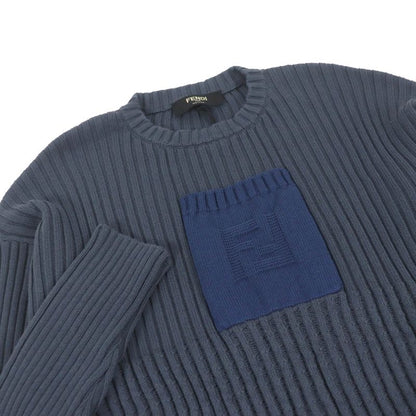Fendi 2021 Fzx036 Cotton Cashmere FF Logo Pocket Ribbed Knit Sweater Blue Gray