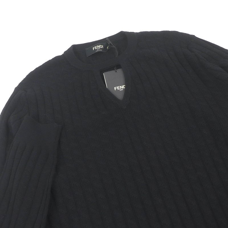 Fendi 2022 Fzx077 100% Wool FF Logo Hardware Cable Knit Sweater Black 46 Made