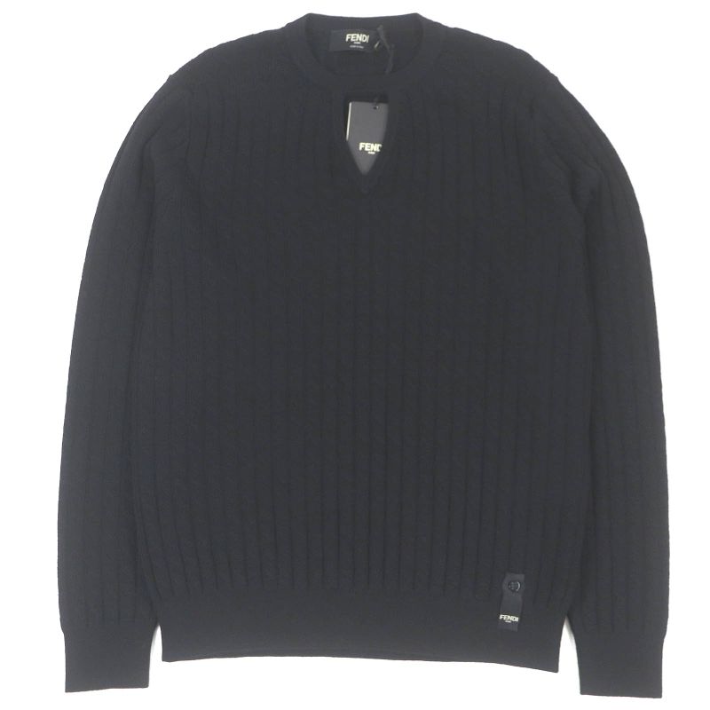 Fendi 2022 Fzx077 100% Wool FF Logo Hardware Cable Knit Sweater Black 46 Made