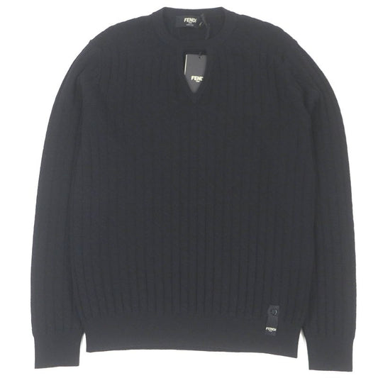 Fendi 2022 Fzx077 100% Wool FF Logo Hardware Cable Knit Sweater Black 46 Made