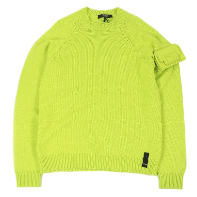 Fendi 2022 Fzx123 100% Wool Crew Neck Knit Sweater With Baguette Bag Lime Green