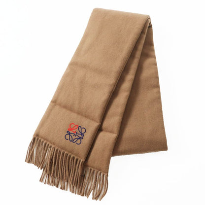 LOEWE 100% Cashmere Anagram Embroidery Fringed Padded Scarf Brown Made In
