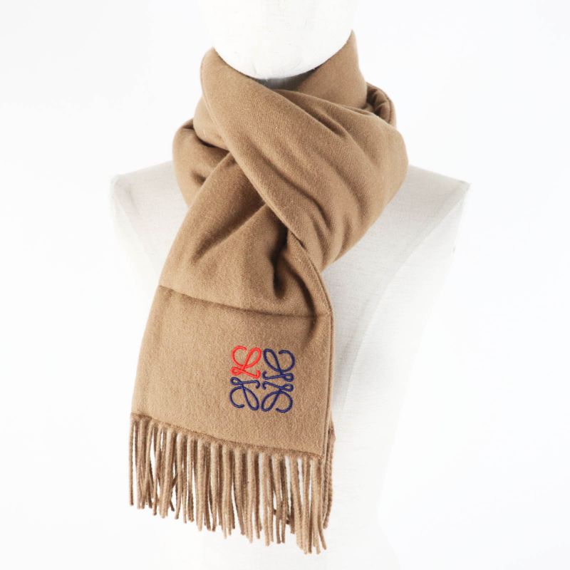 LOEWE 100% Cashmere Anagram Embroidery Fringed Padded Scarf Brown Made In