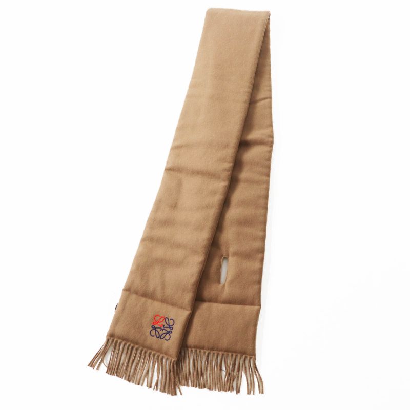 LOEWE 100% Cashmere Anagram Embroidery Fringed Padded Scarf Brown Made In