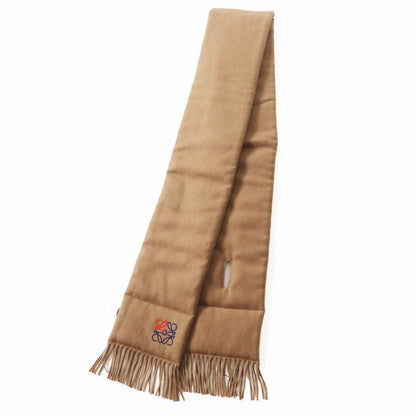 LOEWE 100% Cashmere Anagram Embroidery Fringed Padded Scarf Brown Made In