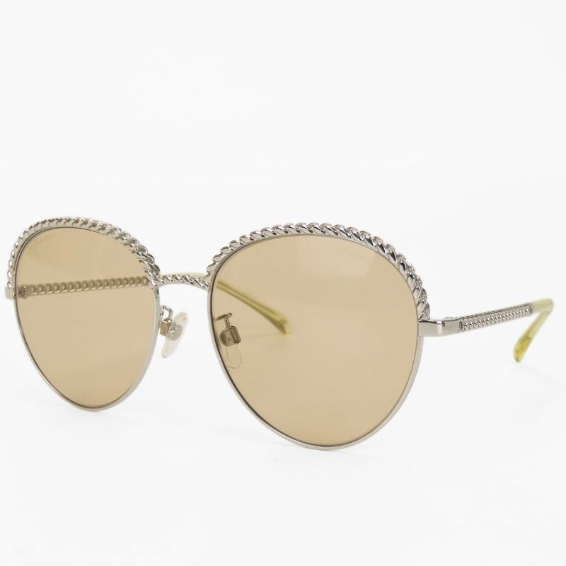 Chanel Sunglasses 4242 Pant Shape Metal Brownish Silver Chain 55□17 135 Ladies