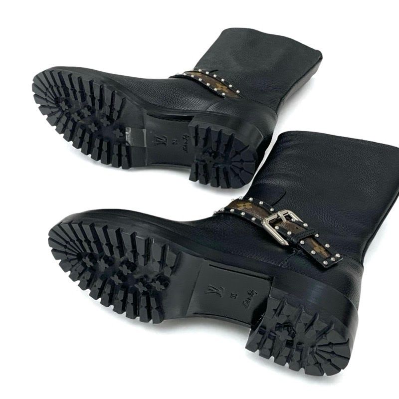 Louis Vuitton Monogram Boots Short Shoes Leather Black Brown Logo Belt