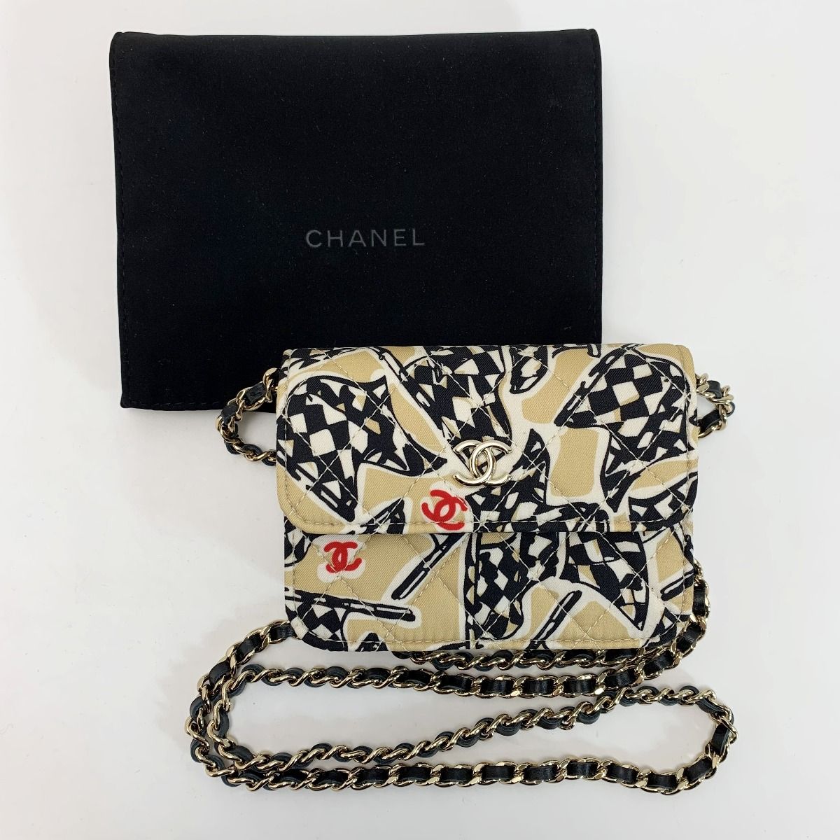 Chanel Accessory Pouch Black X Gold Ladies Checkered Flag