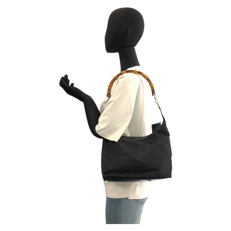 Gucci Bamboo Black Silver Hardware Nylon 000 2214 0531 Shoulder Bag Women 505810