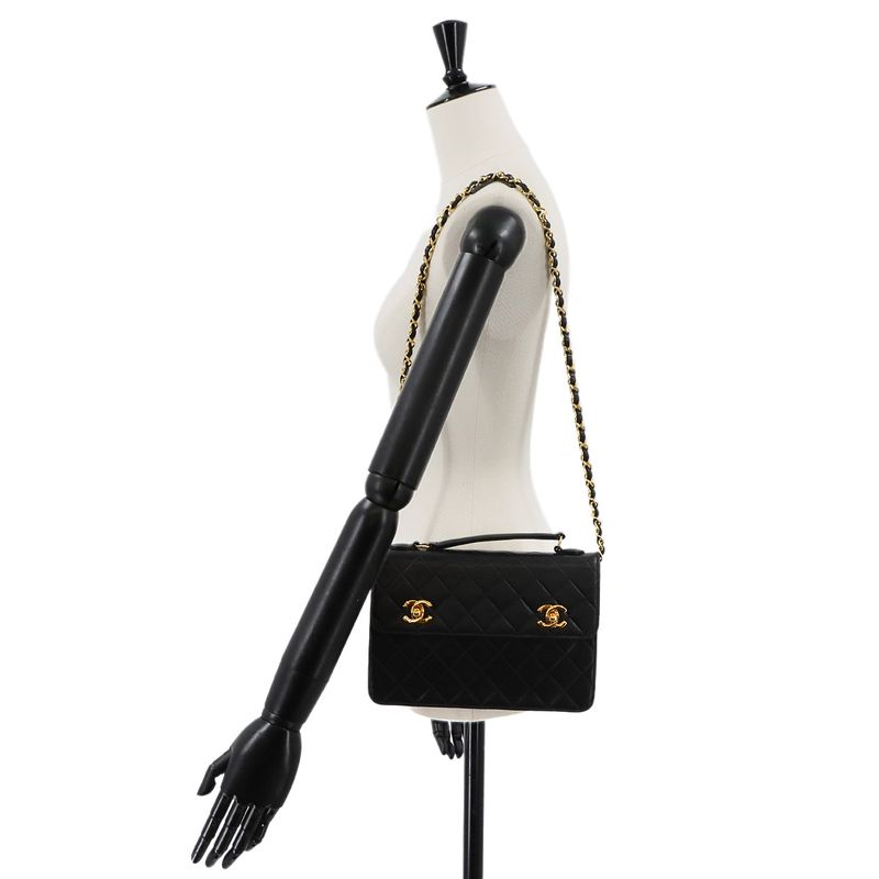 Chanel Matelasse Double Turnlock 2way Hand Chain Shoulder Bag Leather Black