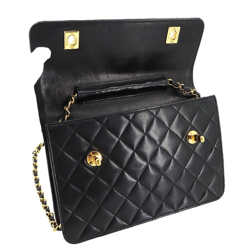 Chanel Matelasse Double Turnlock 2way Hand Chain Shoulder Bag Leather Black