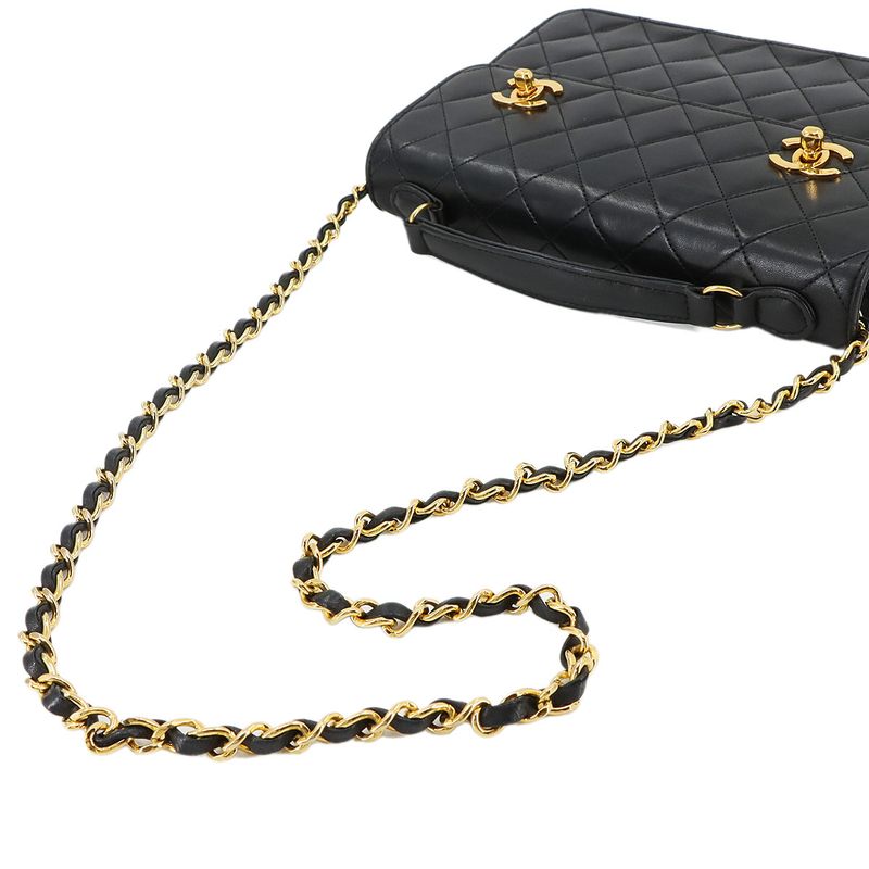 Chanel Matelasse Double Turnlock 2way Hand Chain Shoulder Bag Leather Black