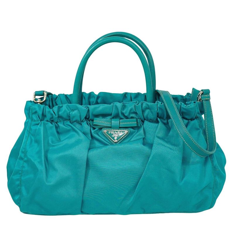 Authentic Prada Tessuto Ribbon 2WAY Shoulder Bag Handbag Nylon Turquoise Blue