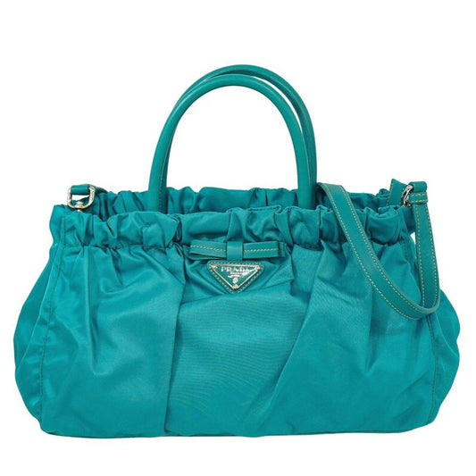 Authentic Prada Tessuto Ribbon 2WAY Shoulder Bag Handbag Nylon Turquoise Blue