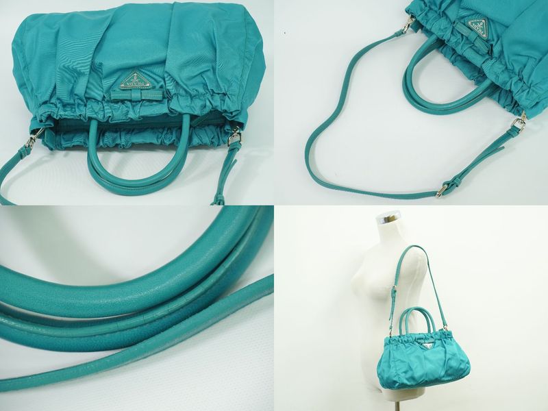 Authentic Prada Tessuto Ribbon 2WAY Shoulder Bag Handbag Nylon Turquoise Blue