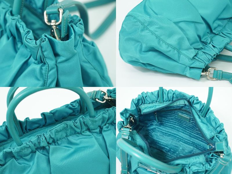 Authentic Prada Tessuto Ribbon 2WAY Shoulder Bag Handbag Nylon Turquoise Blue
