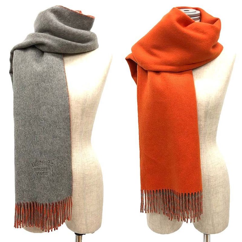 Hermes Cashmere Shawl Scarf Reversible Gray And Orange Aq12152