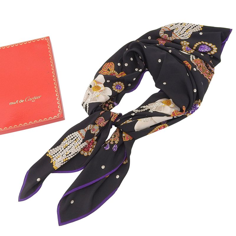 Very Rare Item With Box Cartier Super Large Silk Shawl 130cm (51.18in) Black