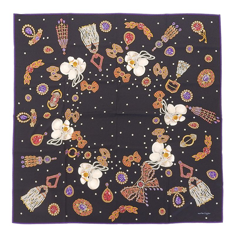 Very Rare Item With Box Cartier Super Large Silk Shawl 130cm (51.18in) Black