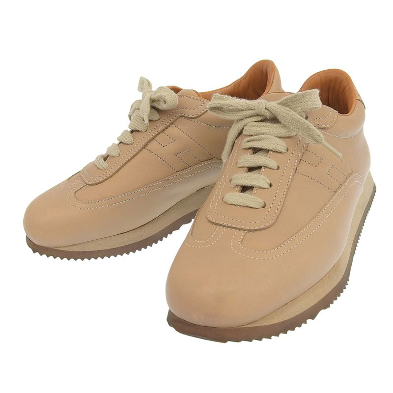 Hermes Quick H Logo Calf Leather Flat Sneakers 37 23.5-24cm (9.45in) Ladies