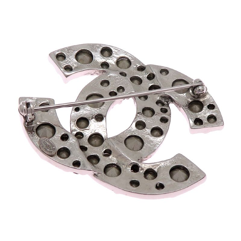 Chanel Crystal Embellished CC Logo Silver-Tone Brooch