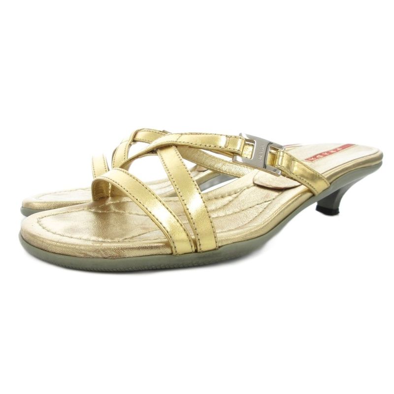 Prada Sport Sandals Low Heel Mules Metallic Strap Leather 35.5 Gold Color GV -