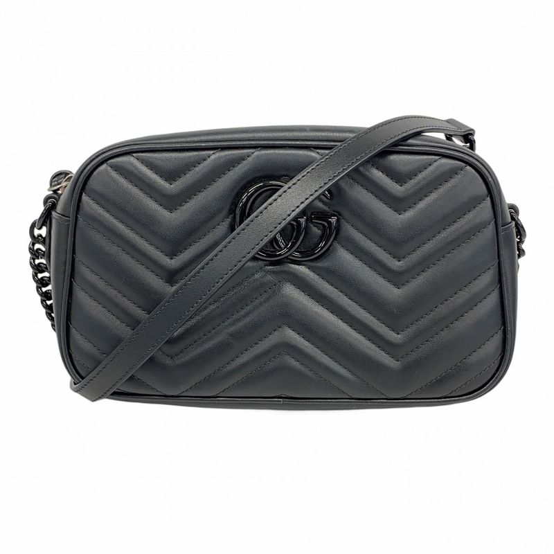 Gucci Shoulder Bag GG Marmont 447632 Leather Black Silver Hardware Women