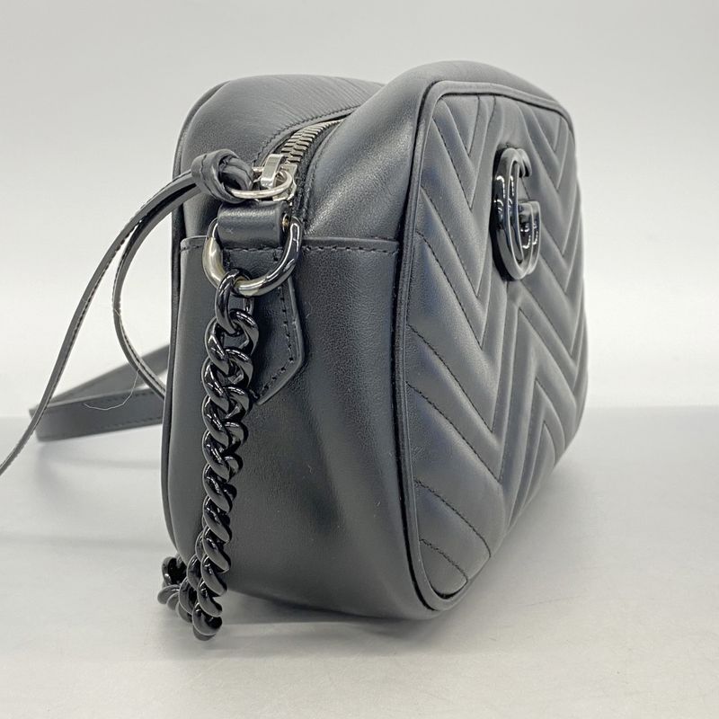 Gucci Shoulder Bag GG Marmont 447632 Leather Black Silver Hardware Women