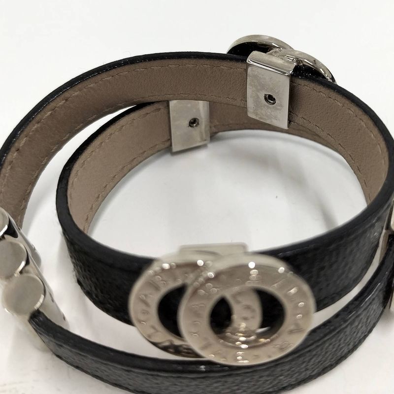 Bvlgari Doppio Tondo Double Coil Bracelet Leather Plated Silver Black
